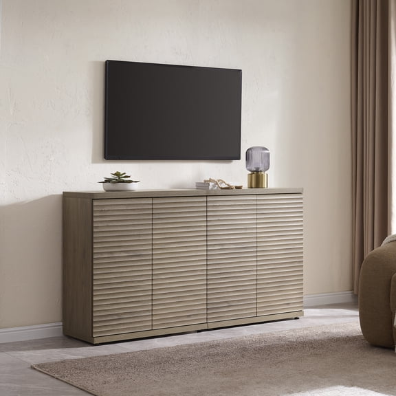 Surmoby 61.8" Wide Modern Sideboard Buffet Cabinet, Fluted Credenza Media Consle with Adjustable Shelves & Pop-Up Door Bar Cabinet for Living Room & Dining Room, Gray Alder