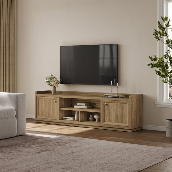 Surmoby 66.9" Extra Long TV Stand for TVs up to 80", Mid-Century Modern Entertainment Center with Unique Fluted Doors & Gold Handles, Large Storage Cabinet for Living Room