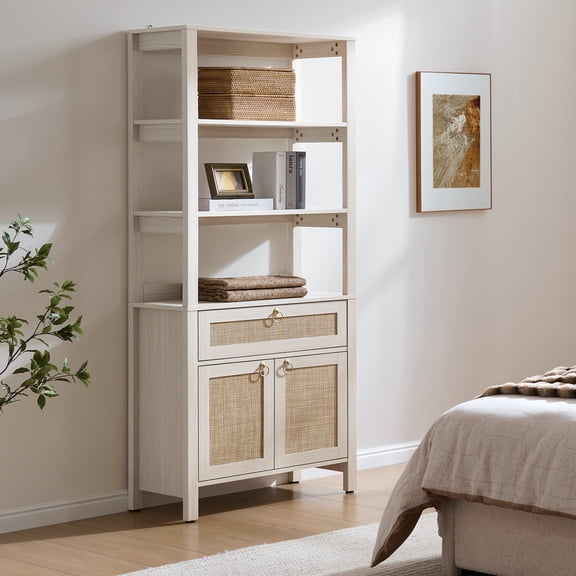 Surmoby 68.5"H Rattan Bookshelf with Drawer – 5-Tier Open Shelves & Hidden Storage, Anti-Tilt Device, Soft-Closing Hinges, Gold Handles, for Bohemian / Coastal / Farmhouse / Classic Style