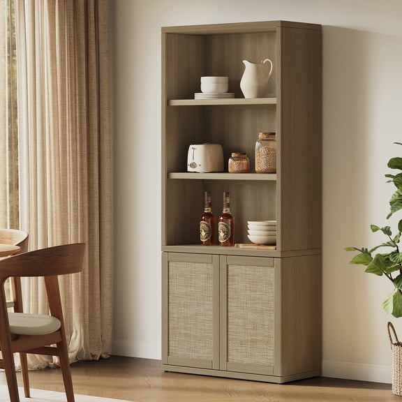 Surmoby 70.47"H Rattan Bookcase – 30.4" Wide Boho Chic Storage Cabinet with Push-to-Open Doors, Natural Farmhouse Coastal Style, Adjustable Shelf & Anti-Tip Hardware, for Living Room Home Office