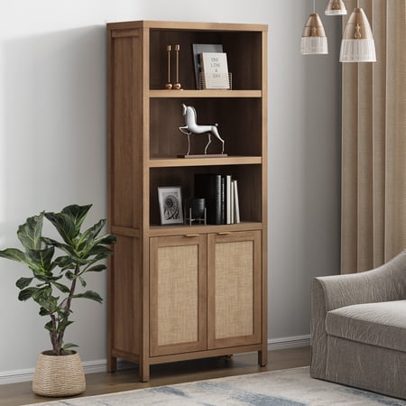 Surmoby 70.9" H Rattan Bookcase with Storage Cabinet – 3 Height-Adjustable Shelves – Farmhouse Coastal Boho Classic Style – Large Display Shelf for Living Room Home Office