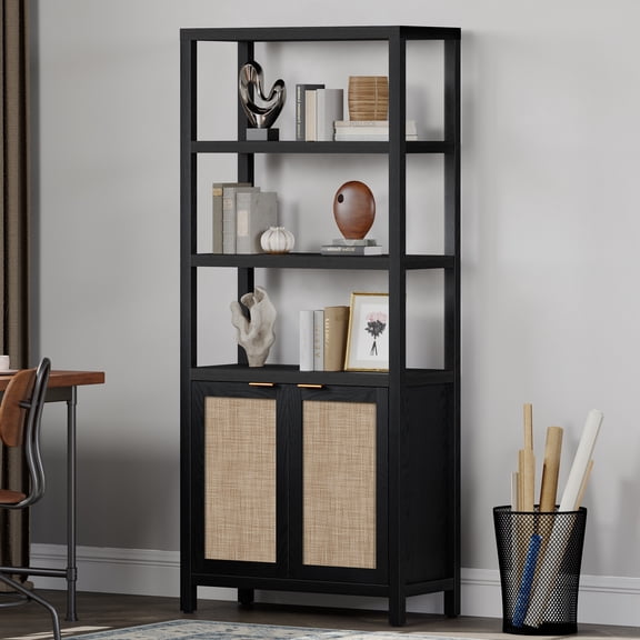 Surmoby 70.9" H Rattan Bookshelf with Storage Cabinet – 3 Adjustable Heights, Metal Anti-Tilt Device, Smooth & Firm Hinges, Stable & Durable Legs, Unique Display Shelf for Office Living Room