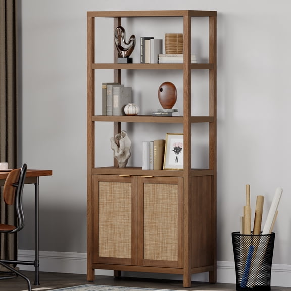 Surmoby 70.9" H Rattan Bookshelf with Storage Cabinet – 3 Adjustable Heights, Metal Anti-Tilt Device, Smooth & Firm Hinges, Stable & Durable Legs, Unique Display Shelf for Office Living Room