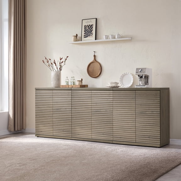 Surmoby 92.7" W Modern Sideboard Buffet Cabinet, Fluted Storage Cabinet Media Consle with Adjustable Shelves & Pop-Up Door Bar Cabinet for Living Room & Dining Room, Gray Alder