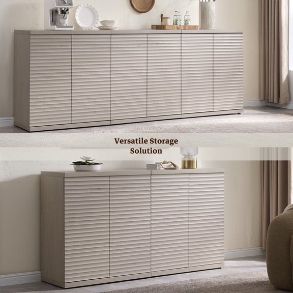 Surmoby 92.7" W Modern Sideboard Buffet Cabinet, Fluted Storage Cabinet Media Consle with Adjustable Shelves & Pop-Up Door Bar Cabinet for Living Room & Dining Room, Gray Alder