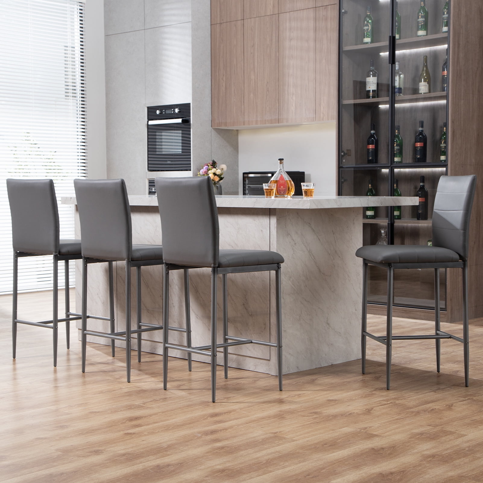 Set of 4 Surmoby Gray Bar Stools with Back and Footrest 26 Inch Counter Height Chairs for Pub Kitchen Island