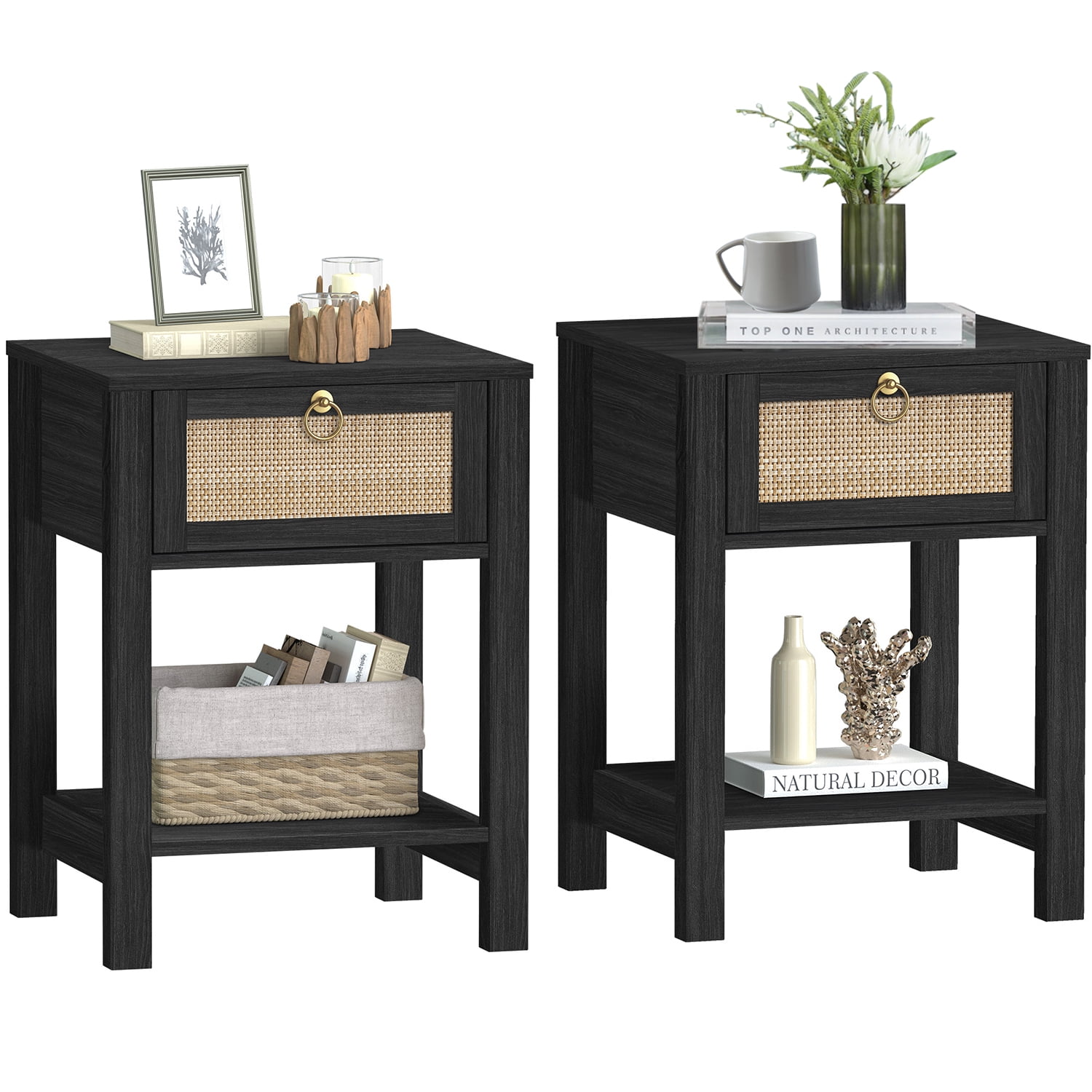 Surmoby Black Nightstand Set of 2,Boho Bedside Tables with Rattan Decor