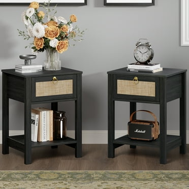 Surmoby Black Nightstand Set of 2,Boho Bedside Tables with Rattan Decor Drawer and Open Storage Shelf,Side Table End Tables for Bedroom or Living Room