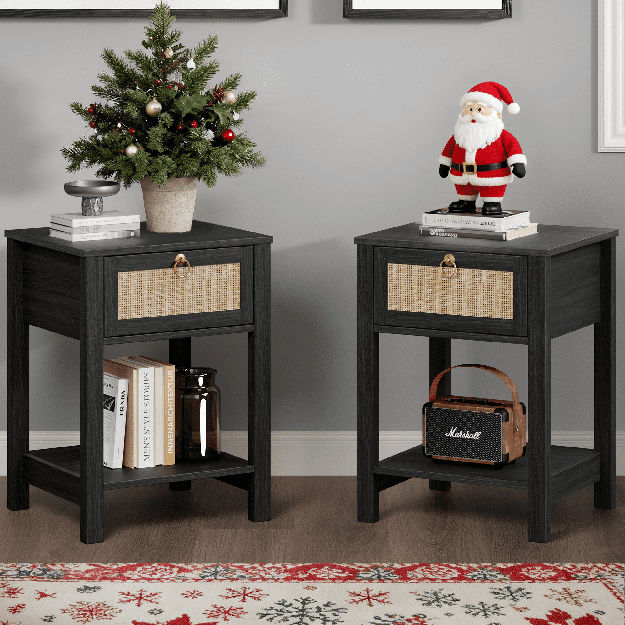 Surmoby Black Nightstand Set of 2,Boho Bedside Tables with Rattan Decor Drawer and Open Storage Shelf,Side Table End Tables for Bedroom or Living Room