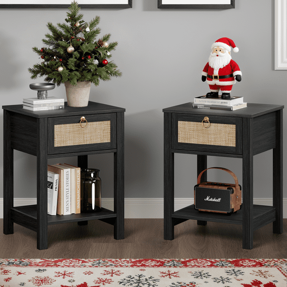 Surmoby Black Nightstand Set of 2,Boho Bedside Tables with Rattan Decor Drawer and Open Storage Shelf,Side Table End Tables for Bedroom or Living Room