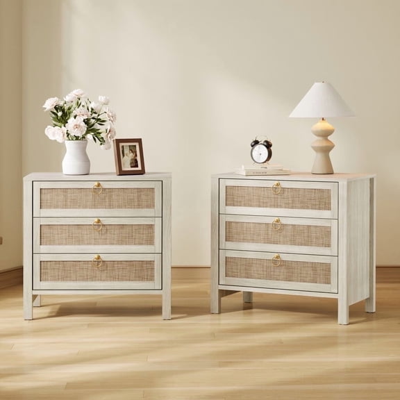 Surmoby Boho 3-Drawer Nightstand Set of 2 - Extra Wide Storage Night Stand with Gold Handles Large&Tall Bed Side Table for Bedroom Living Room Enterway,Cream White