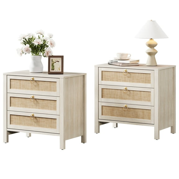 Surmoby Boho 3-Drawer Nightstand Set of 2 - Extra Wide Storage Night Stand with Gold Handles Large&Tall Bed Side Table for Bedroom Living Room Enterway,Cream White