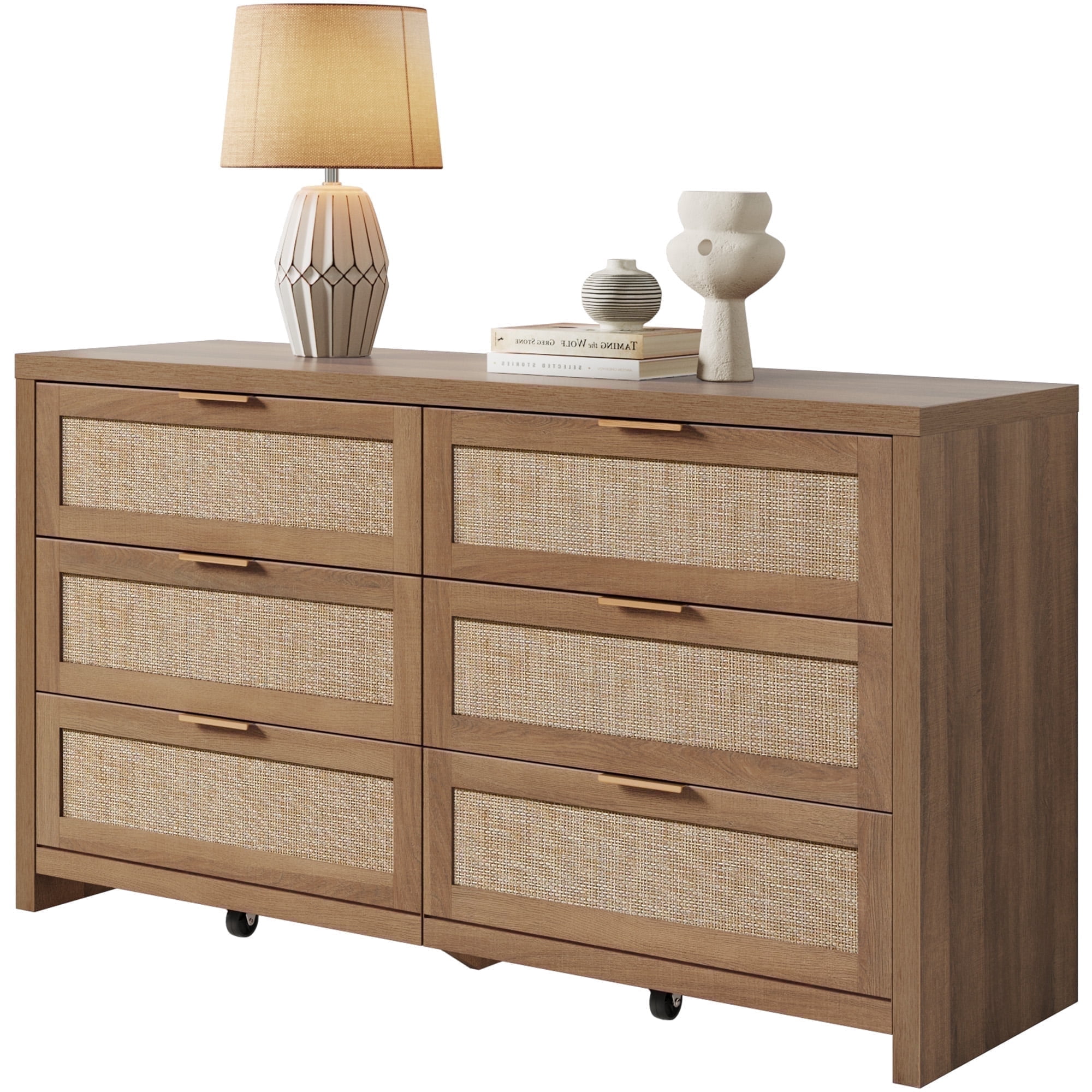 Surmoby Boho Dresser Set - 56.85" Wide 6-Drawer Storage with Rattan & Gold Handles for Master Bedroom or Living Room (Heavy Duty, Easy Assembly)
