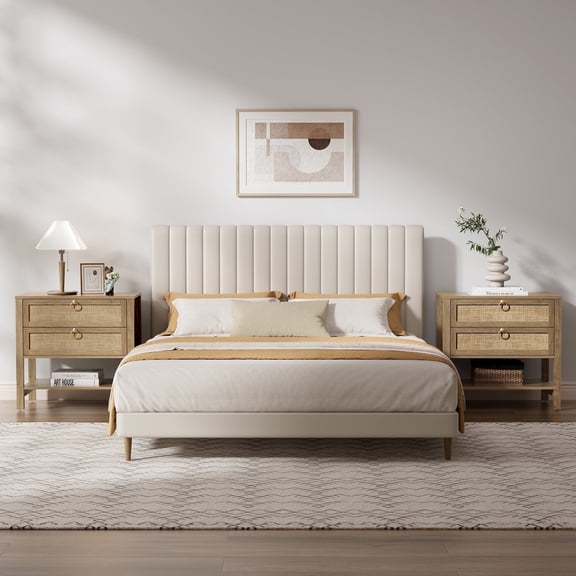 Surmoby Boho Nightstand Set of 2 with 2 Drawers & Open Shelf - Cherry Oak 26.7"W Extra-Large Night Stand Rattan Storage Beside Table for Bedroom, Living Room