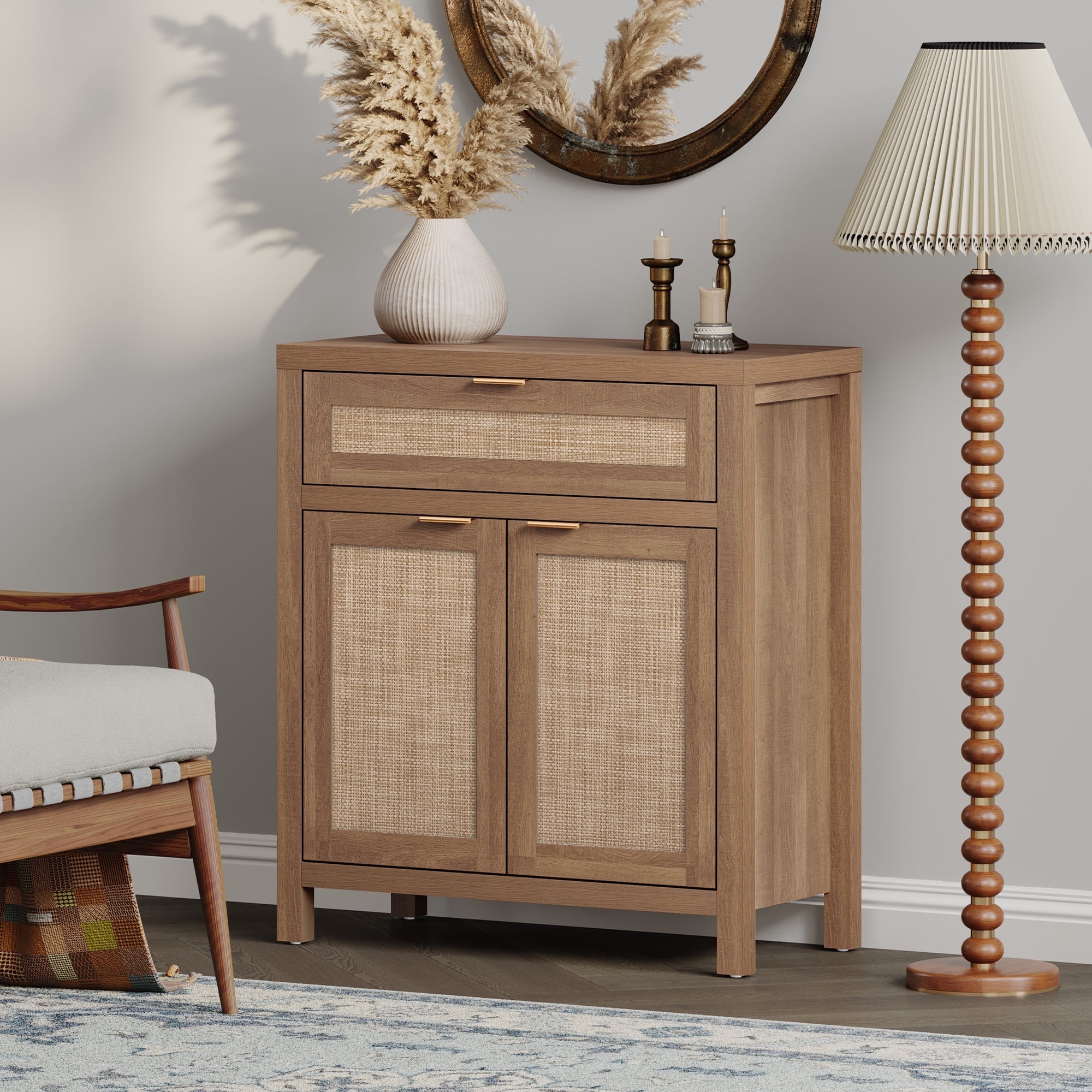 Surmoby Sideboard Buffet Cabinet with Rattan Doors Farmhouse Storage Cabinets with Drawer and Adjustable Shelves for Kitchen Living Dining