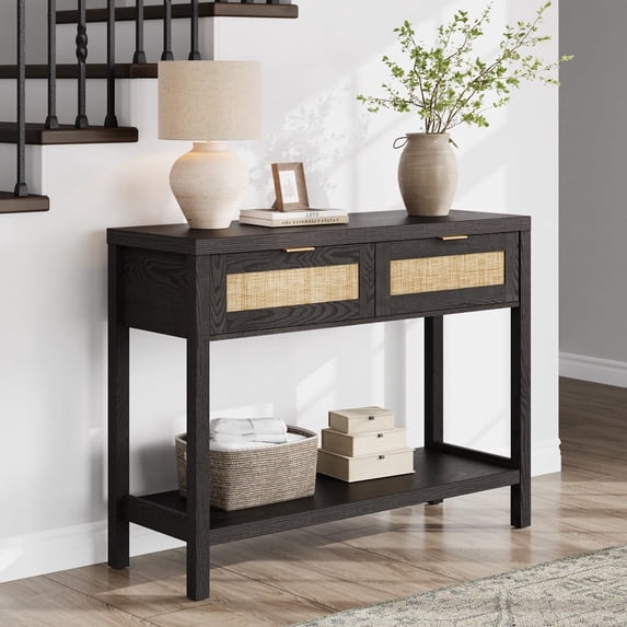 Surmoby Console Table with 2 Rattan Drawers,Boho Wood Entryway Table Hallway Table Sofa Table with Open Storage Shelf for Living Room,Foyer and Corridor,Black Oak