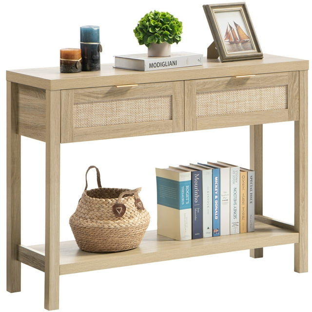 Surmoby Console Table with Rattan Drawers,Boho Entryway Table Hallway