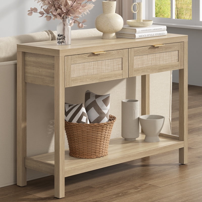 Walmart daily deals:  Surmoby Wooden Boho Console Table with Rattan Drawers, Entryway Hall Table, Light Oak