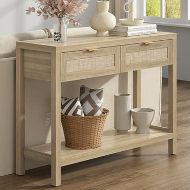 Surmoby Console Table with Rattan Drawers,Boho Wood Entryway Table Hallway Table Sofa Table with Open Storage Shelf for Living Room,Foyer and Corridor,Light Oak