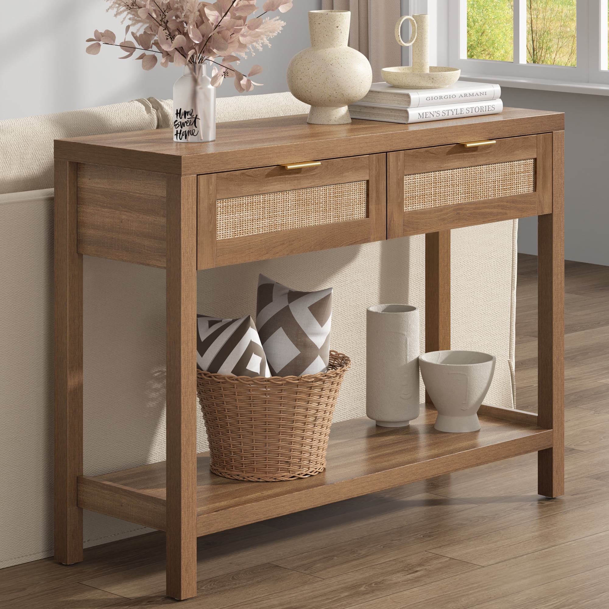 Surmoby Console Table with Rattan Drawers,Boho Wood Entryway Table ...