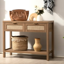 Surmoby Console Table with Rattan Drawers,Boho Wood Entryway Table Hallway Table Sofa Table with Open Storage Shelf for Living Room,Foyer and Corridor