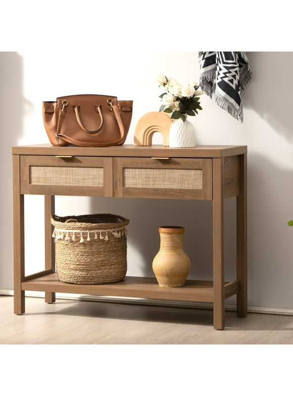 Surmoby Console Table with Rattan Drawers,Boho Wood Entryway Table Hallway Table Sofa Table with Open Storage Shelf for Living Room,Foyer and Corridor