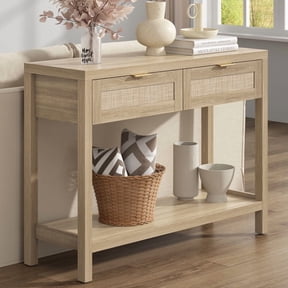 Surmoby Console Table with Rattan Drawers,Boho Wood Entryway Table Hallway Table Sofa Table with Open Storage Shelf for Living Room,Foyer and Corridor,Light Oak