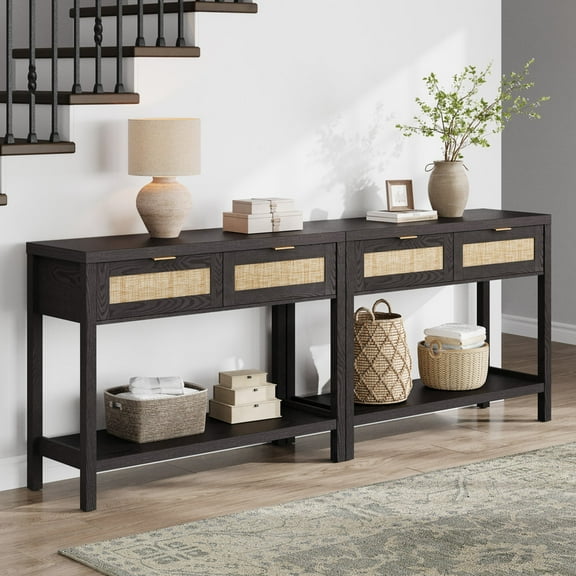 Surmoby Console Table Set of 2 with 2 Rattan Drawers,Boho Wood Entryway Table Hallway Table Sofa Table with Open Storage Shelf for Living Room,Foyer and Corridor,Black Oak