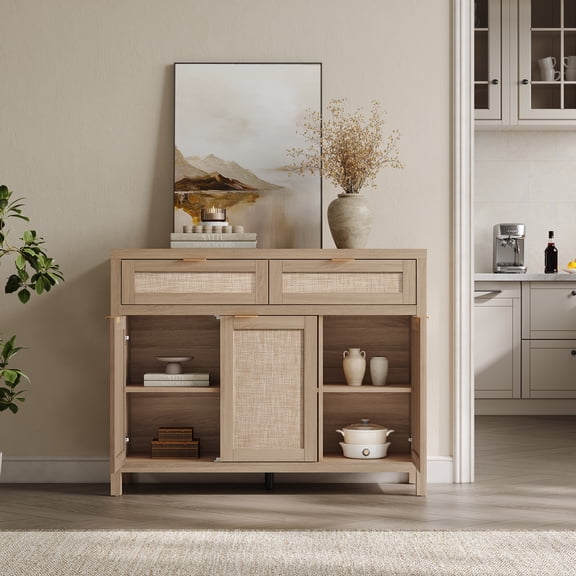 Surmoby Farmhouse 3-Door Rattan Sideboard, 43.5"W x 14.0"D x 33.9"H, Boho Storage Cabinet with Adjustable Shelves & Drawers, for Kitchen ,Living Room, Dining Room