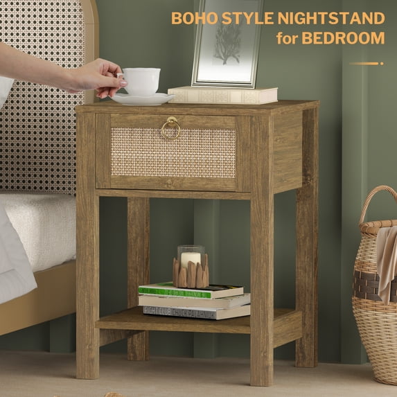 Surmoby Farmhouse Rattan Nightstand Bedside Tables with Storage Drawer and Open Shelf - Side Table Night Stands for Bedroom or Living Room,Cherry