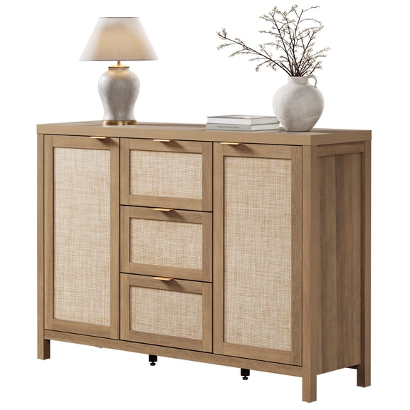 Surmoby Large Rattan Buffet Cabinet- 51.57" W Credenza with 3 Rattan Drawers & 2 Rattan Doors, Farmhouse Storage Sideboard for Dining Room, Kitchen, Living Room
