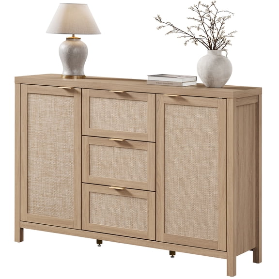 Surmoby Large Rattan Buffet Cabinet- 51.57" W Credenza with 3 Rattan Drawers & 2 Rattan Doors, Farmhouse Storage Sideboard for Dining Room, Kitchen, Living Room
