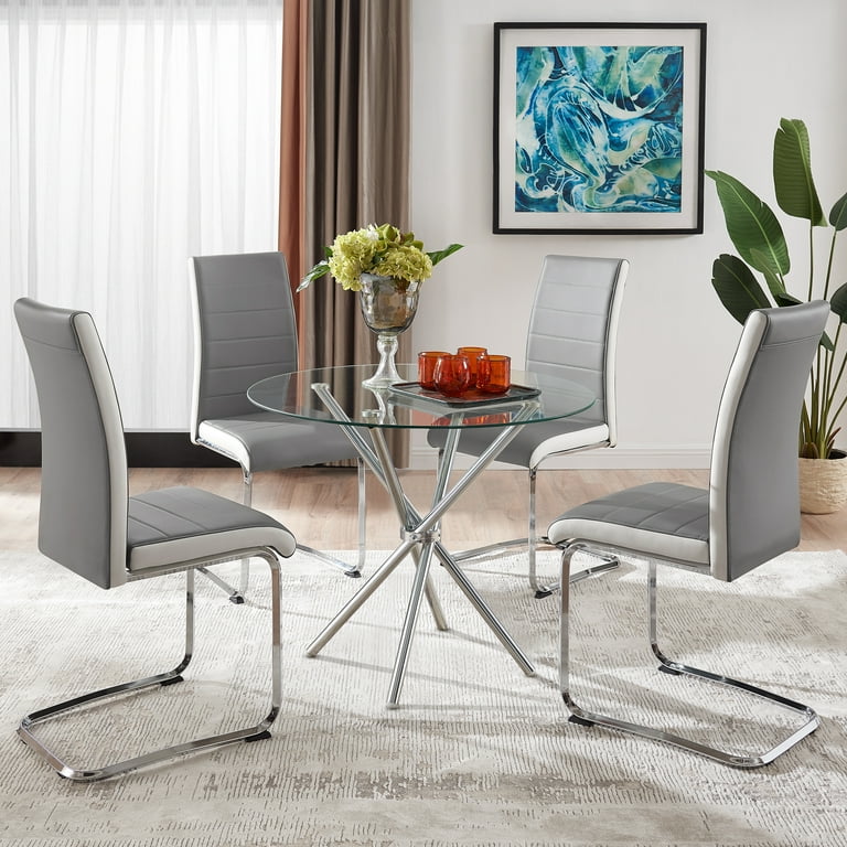 Surmoby 5 Piece Modern Circle Dining Set Compact Round Glass Table with 4 Gray Faux Leather Chairs Walmart