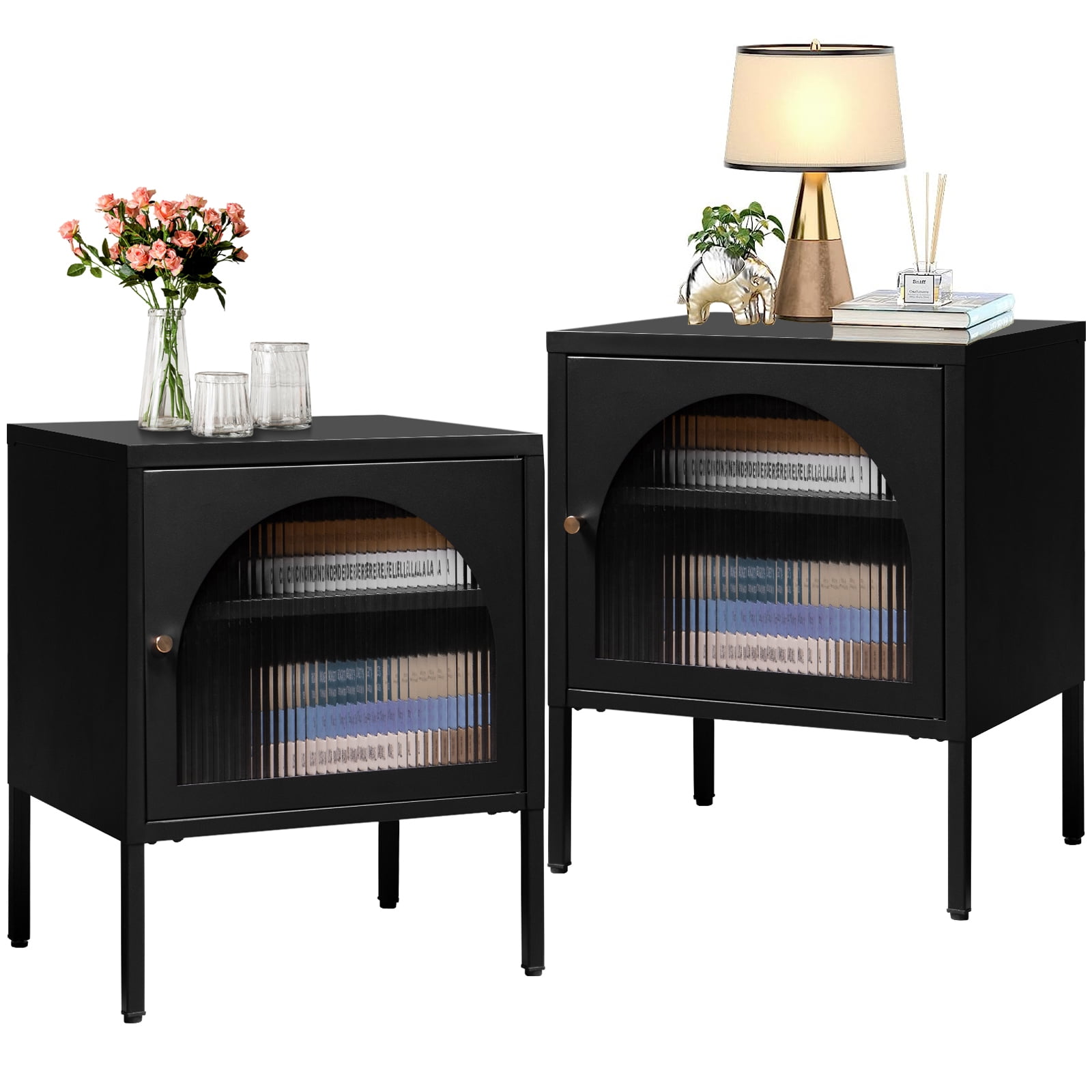 Bacyion Modern Nightstands Set of 2,Bedside Table with Fluted Glass