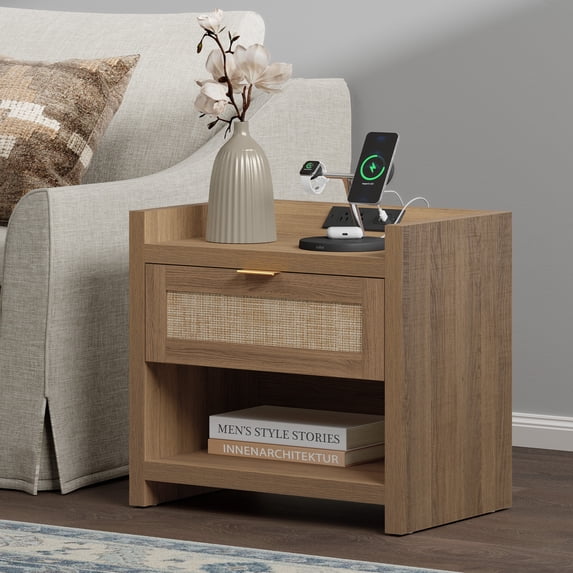 Surmoby Nightstand with Charging Station,Boho Bedside Table with USB Type C Ports & Outlets,Rattan Night Stand with Storage Drawers and Shelf for Bedroom,Living Room,Oak