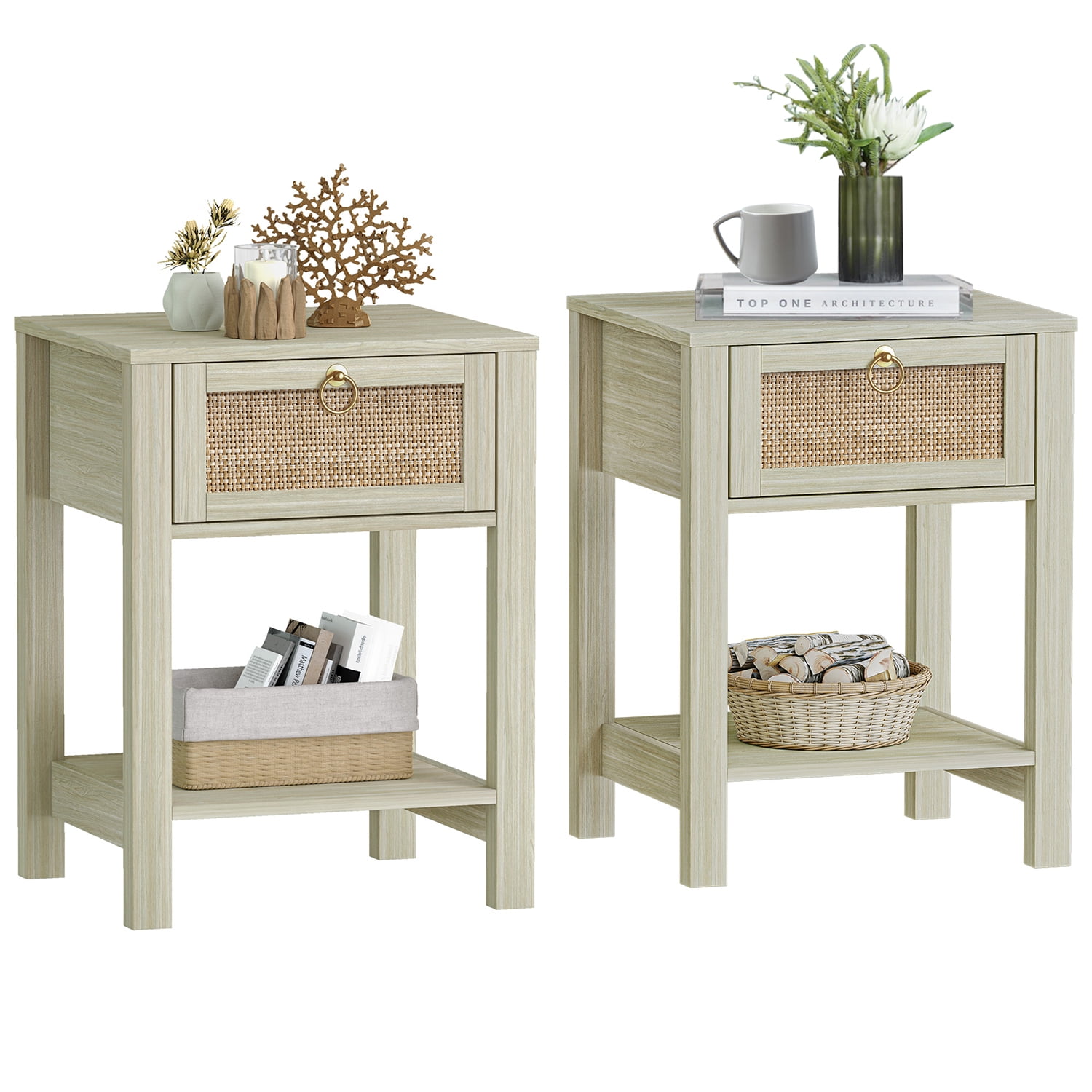 Surmoby Set of 2 Nightstands with Boho Rattan Decor, Open Shelf