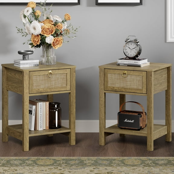 Surmoby Nightstand Set of 2,Boho Bedside Tables with Rattan Decor Drawer and Open Storage Shelf,Side Table End Tables for Bedroom or Living Room,Cherry