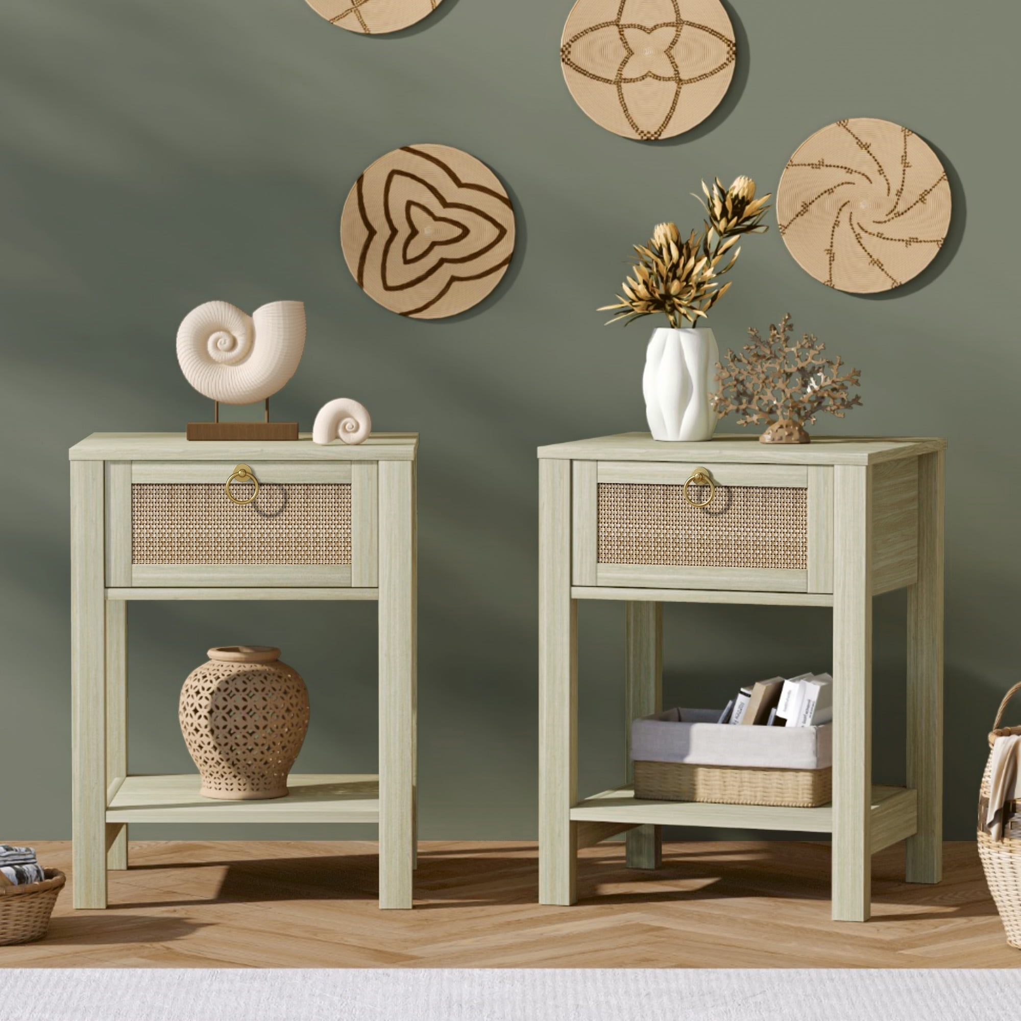 Surmoby Set of 2 Bohemian Modern Light Wood Bedside Tables, Rattan ...