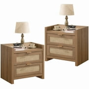 Surmoby Nightstand Set of 2 with Charging Station,Boho Bedside Table with USB Type C Ports & Outlets,Rattan Night Stand with 2 Storage Drawers and Shelf for Bedroom,Living Room,Oak