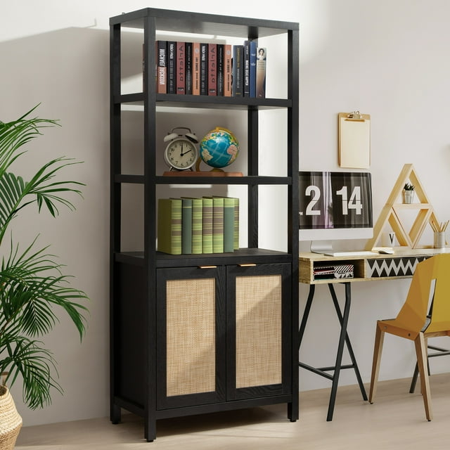 Surmoby 5 Shelf Bookcase with Doors,Rattan Bookshelf with Storage Cabinet for Living Room,Home ...