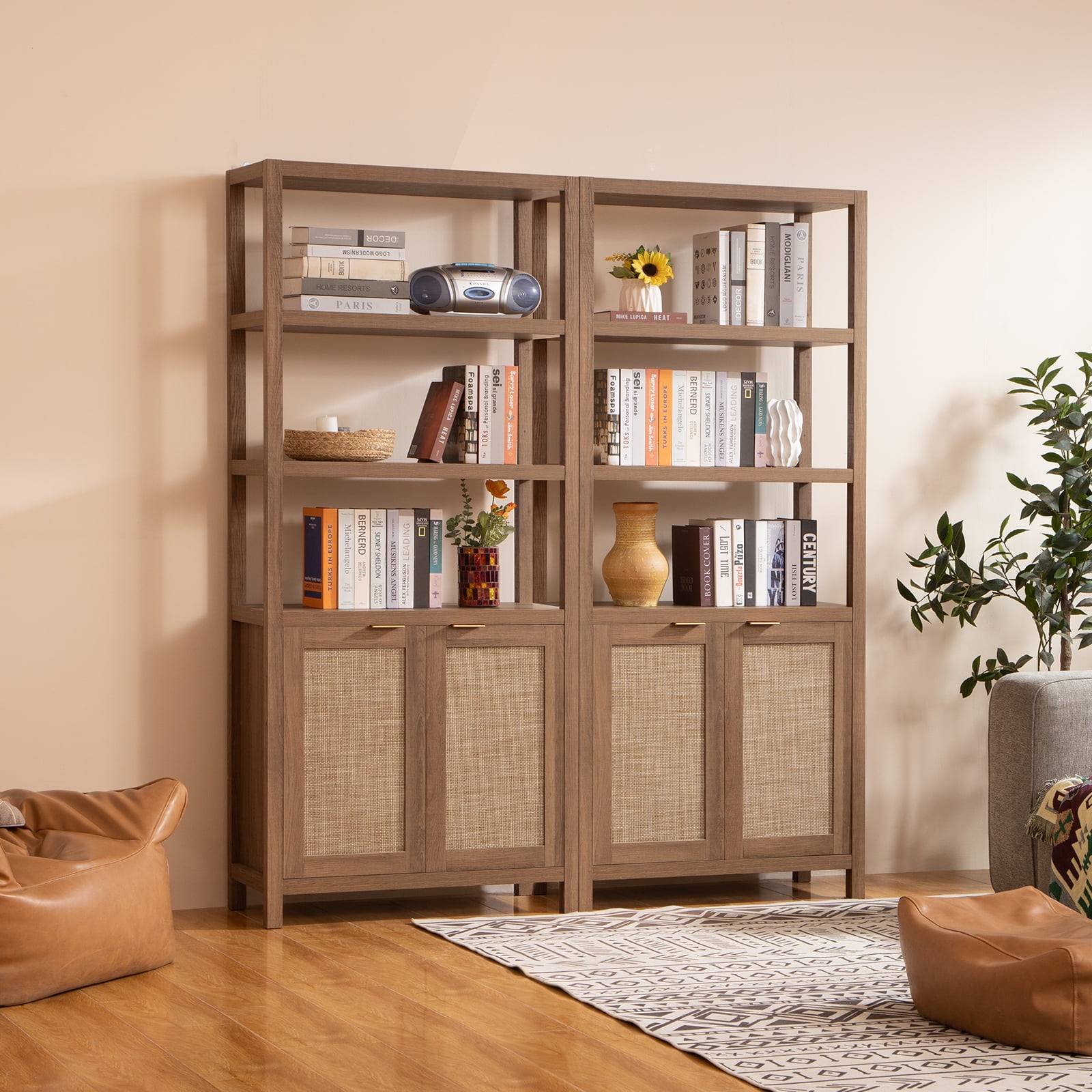 Surmoby Rattan Bookshelf with Doors,5 Shelf Bookcase with Storage ...