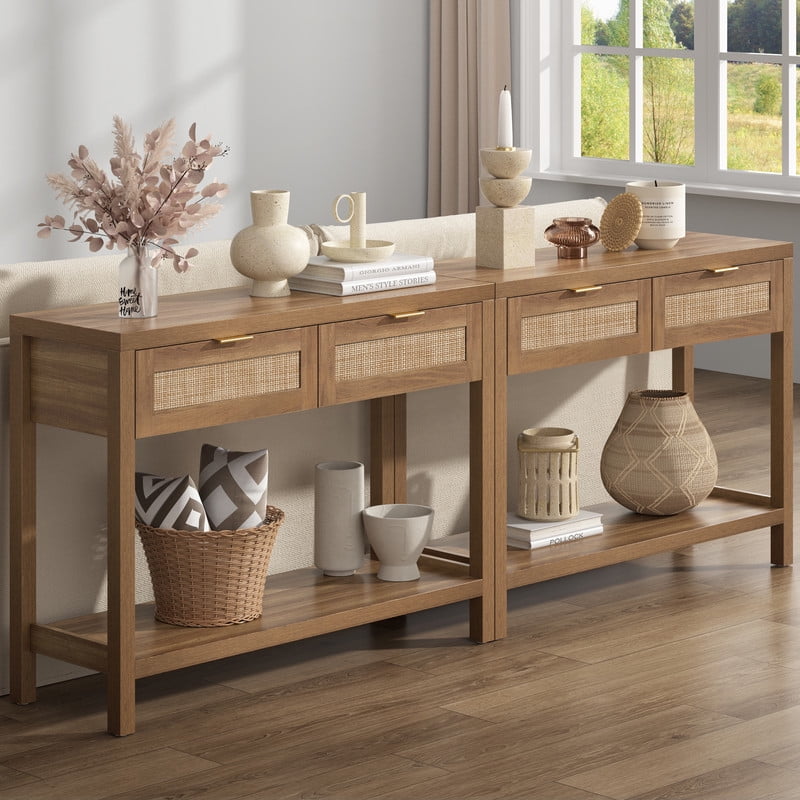 Surmoby Oak Rattan Console Table with 2 Drawers and Open Shelf Entryway and Living Room Furniture Walmart