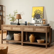 Surmoby Rattan Console Table with 2 Drawers,Boho Wood Entryway Table Hallway Table with Open Storage Shelf,Narrow Sofa Table for Foyer,Living Room and Corridor(Oak,2PCS)