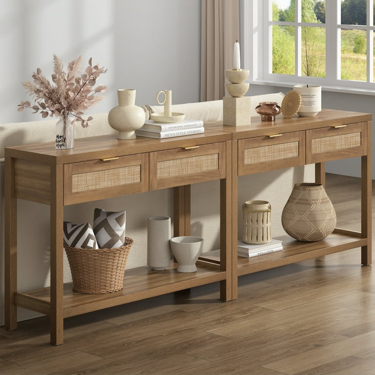 Surmoby Rattan Console Table with 2 Drawers Boho Wood Entryway Table Hallway Table with Open Storage Shelf Narrow Sofa Table for Foyer Living Room and