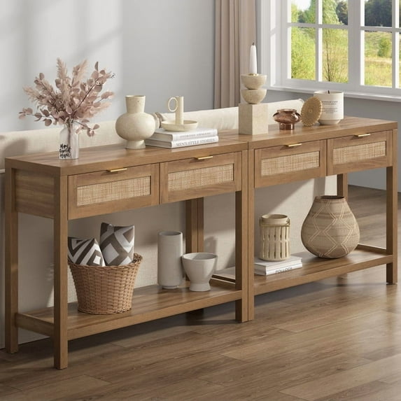 Surmoby Rattan Console Table with 2 Drawers,Boho Wood Entryway Table Hallway Table with Open Storage Shelf,Narrow Sofa Table for Foyer,Living Room and Corridor(Oak,2PCS)