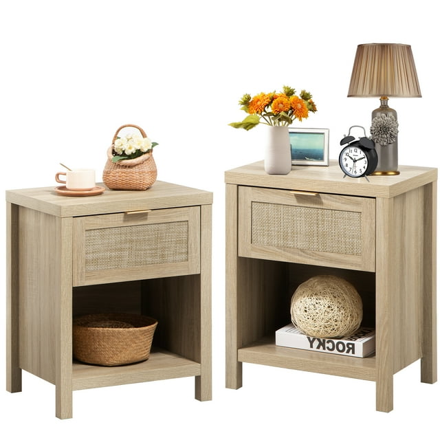 Surmoby Rattan Night Stands for Bedroom Set of 2,Farmhouse Nightstand Bedside Tables with Drawer