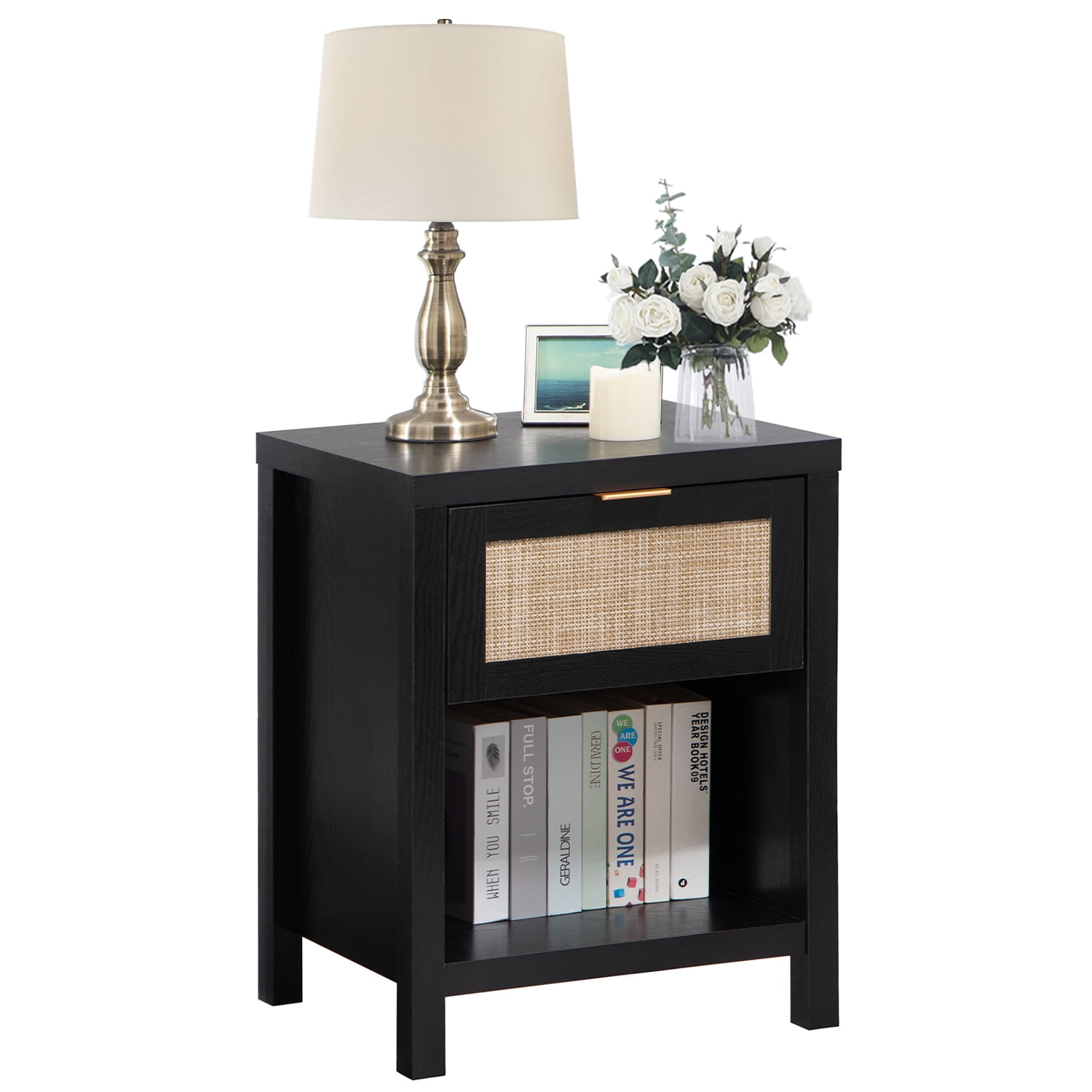 Surmoby Rattan Nightstand,Farmhouse Night Stand with Drawer and Storage