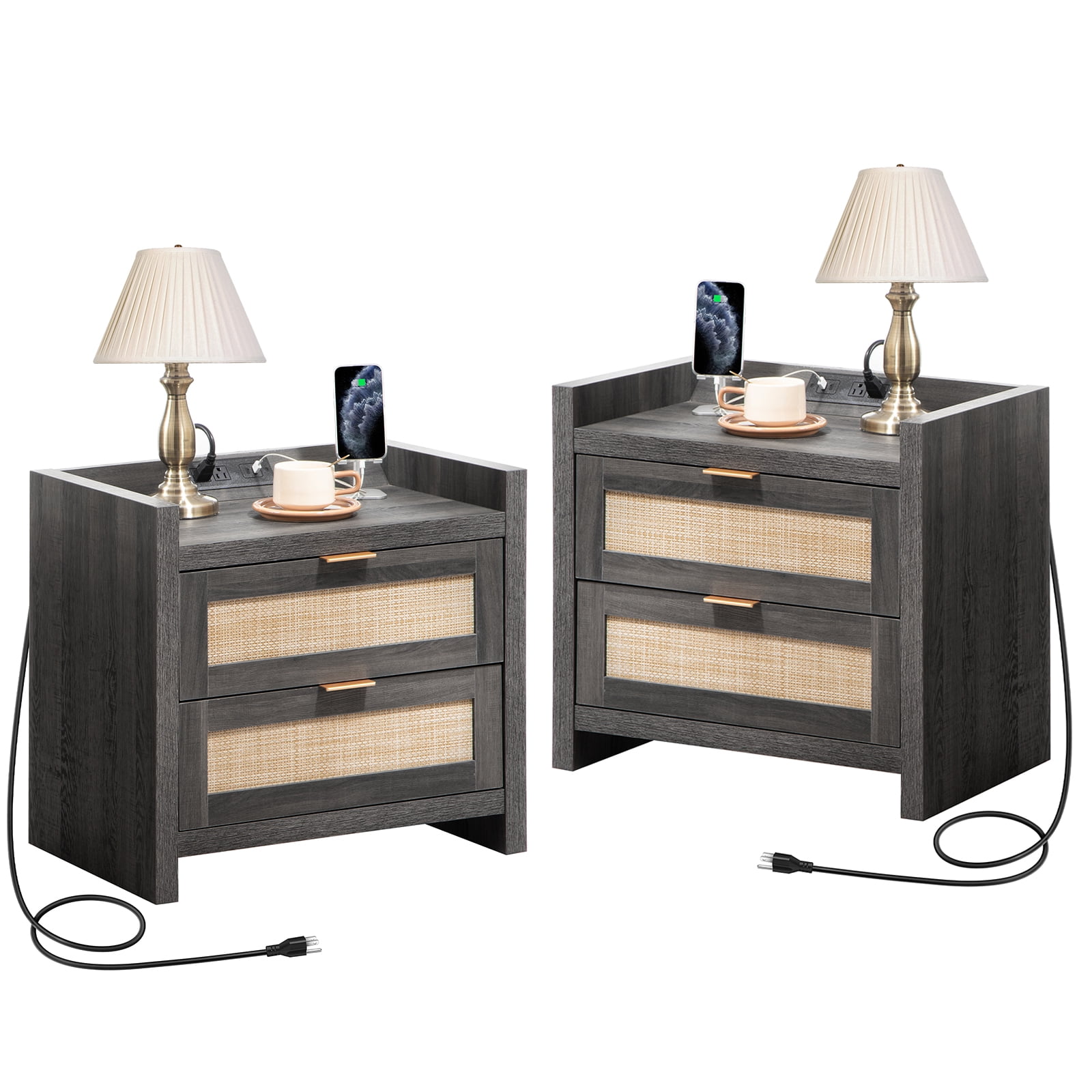 Surmoby Rattan Nightstand Set of 2,Boho Bedside Tables with USB Type-C ...