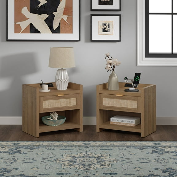 Surmoby Rattan Nightstand Set of 2 with Charging Station,Boho Bedside Table with USB Type C Ports & Outlets,Wood Night Stand End Table with Storage Drawers and Shelf for Bedroom Living Room,Oak