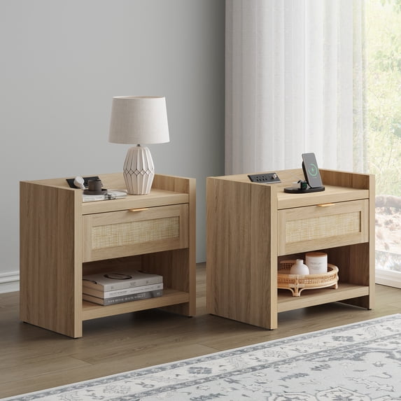 Surmoby Rattan Nightstand Set of 2 with Charging Station ,Boho Bedside Table with USB Type C Ports ,Rattan Night Stand with Storage Drawers and Shelf for Bedroom,Living Room,Light Oak